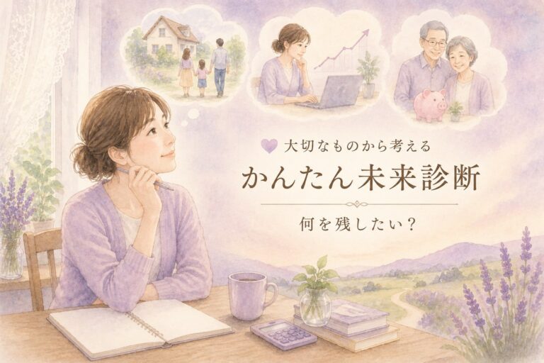 かんたん未来診断の案内。窓辺でノートを開いた女性の上に、家族の暮らし・仕事・老後の場面が浮かんでいる