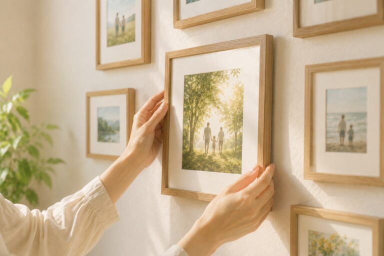 壁に飾った家族写真のフレームを、両手でそっとまっすぐに直している手元