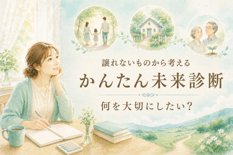 かんたん未来診断の案内。譲れないものから考える、何を大切にしたい? 窓辺でノートを開きながら、家族・住まい・これからの暮らしを思い浮かべる女性