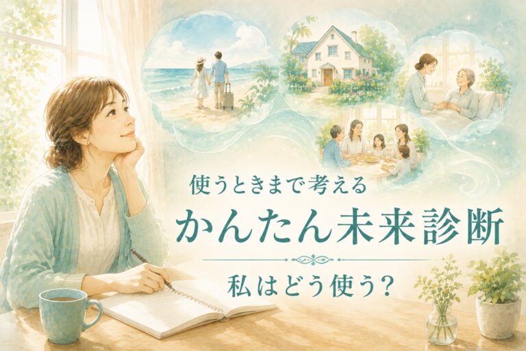かんたん未来診断の案内。窓辺でノートを開いた女性の上に、旅行・住まい・家族との時間・介護の場面が浮かんでいる