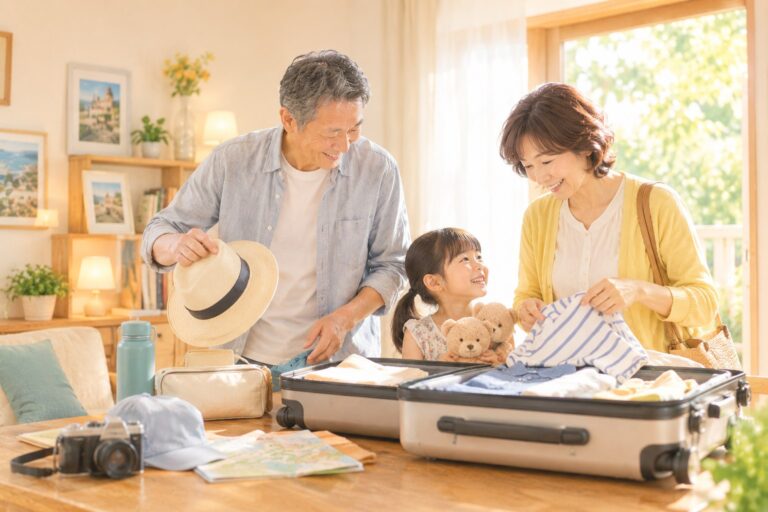 年を重ねた夫婦と孫が、旅行の荷物をまとめている場面