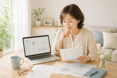 年金や保険の書類とノートパソコンを並べて、これからのお金を確かめている女性